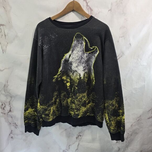 Blowhammer Sweatshirt Mens Large Black Green Crew Pullover Wolf Trees Forest - Picture 1 of 9